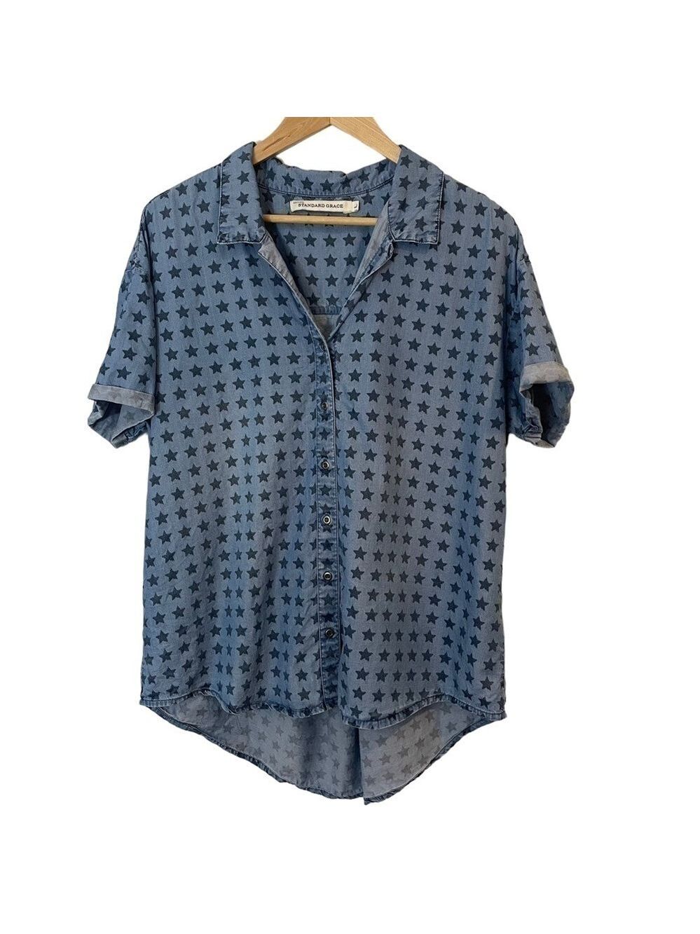 Standard Grace Americana Chambray Top Womens L Blue Star Print Button Down Shirt